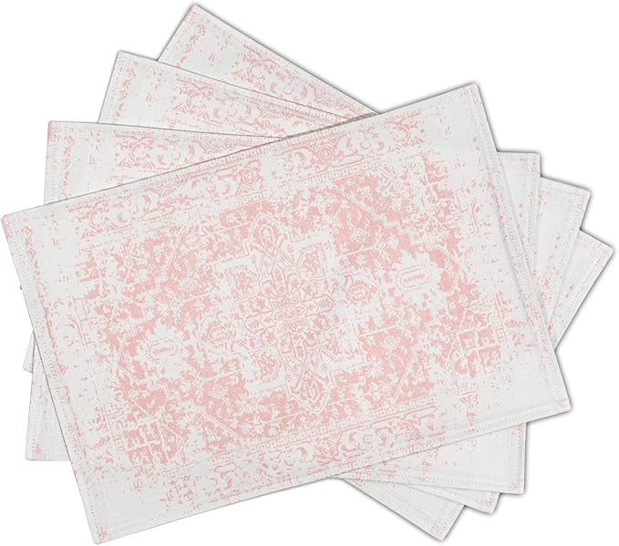 Gray Pink Boho Placemats Set of 4 Ethnic Bohemian Carpet Place Mats Washable Kitchen Dining Vintage Grey Geography Floral Linen Table Mats Stain Heat-Resistant for Home Party Indoor 12x18 in