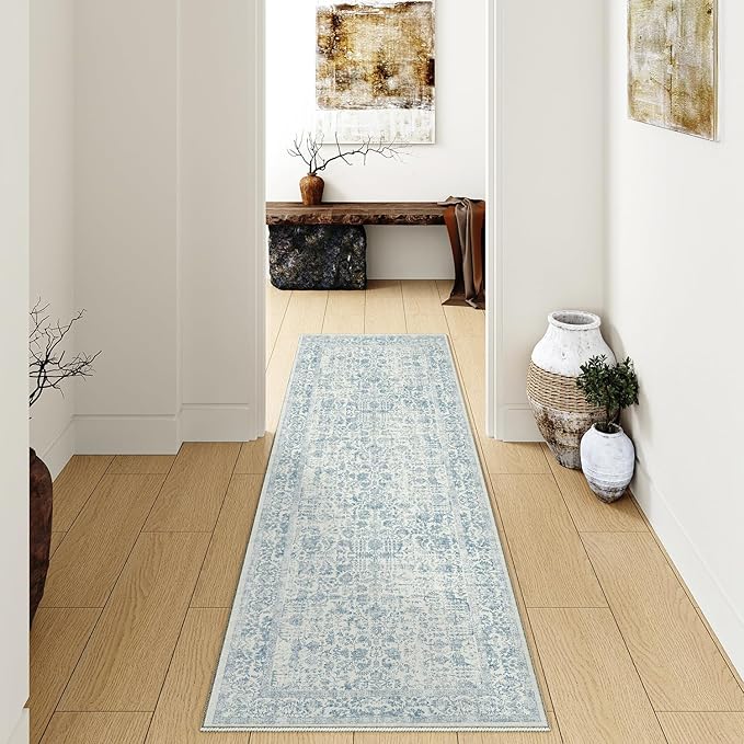 Blue Runner Rug 2x6 Hallway Machine Washable Kitchen Vintage Distressed Non Slip Long Carpet Indoor Retro Floral Bedroom Accent Throw Rug for Bathroom Office Laundry Dining Room