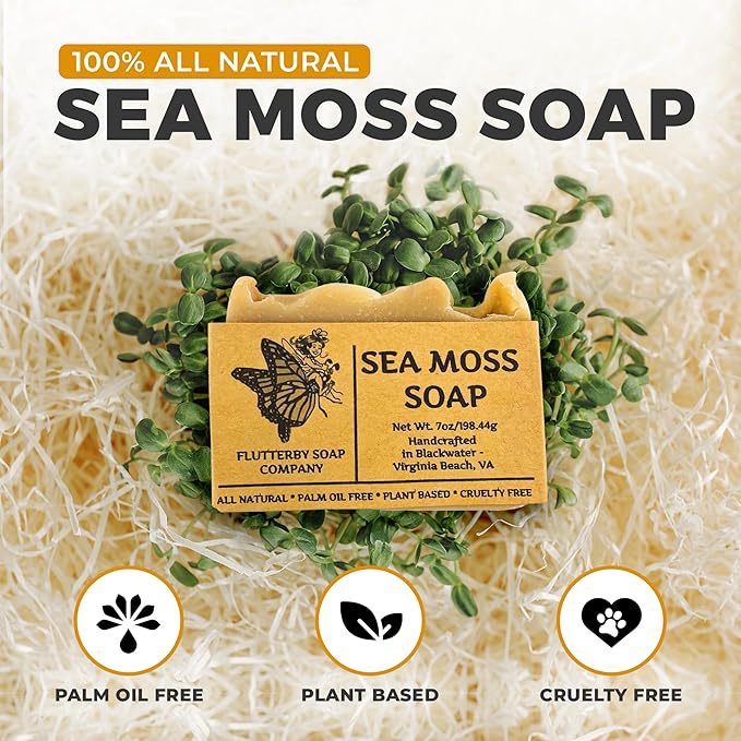Handmade All Natural Organic Sea Moss Soap | 7oz LARGE Bar | Palm Oil Free | Plant Based | Cruelty Free | Amazing Results!