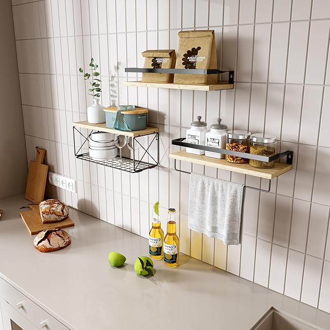 Bathroom Shelves with Wire Storage Basket, Floating Shelves Over Toilet with Protective Metal Guardrail, Wall Shelves for Bedroom, Living Room, Kitchen and Bathroom Toilet Paper