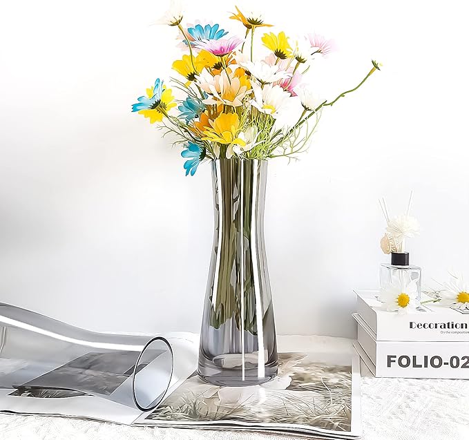Aoderun Flower Vase for Decor 10" Clear Glass Vase for Centerpieces Large Vases for Flowers Dried Flower Home Decor Living Room Kitchen Office Wedding(Grey)