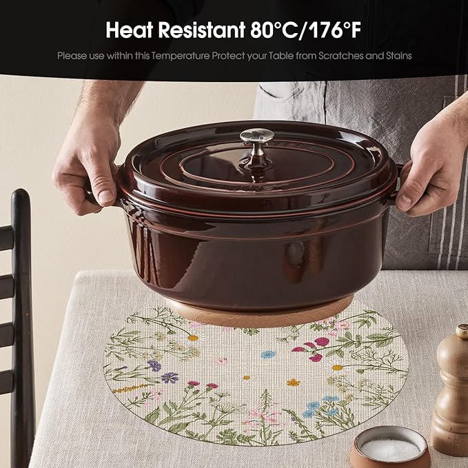 Artoid Mode Wildflower Vinyl Round Placemats Set of 4, 14 Inch Washable Non-Slip Platic PVC Table Mats for Party Kitchen Dining Decor