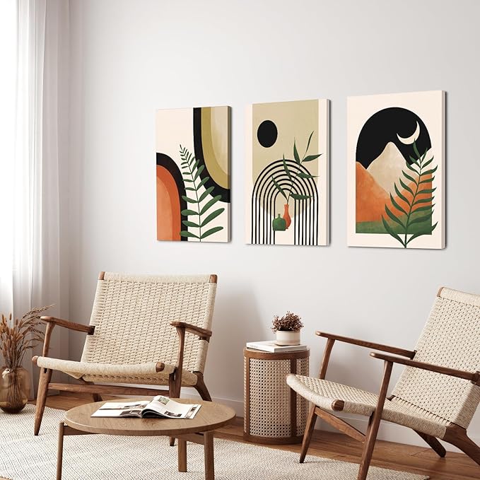 Boho Wall Art painting Set of 3, Mid Century Modern Wall Art, Boho Room Decor, Neutral Abstract Geometric Prints Black Beige Botanical Framed Canvas Print Wall Art Ready to Hang for Living Room 12x16inch