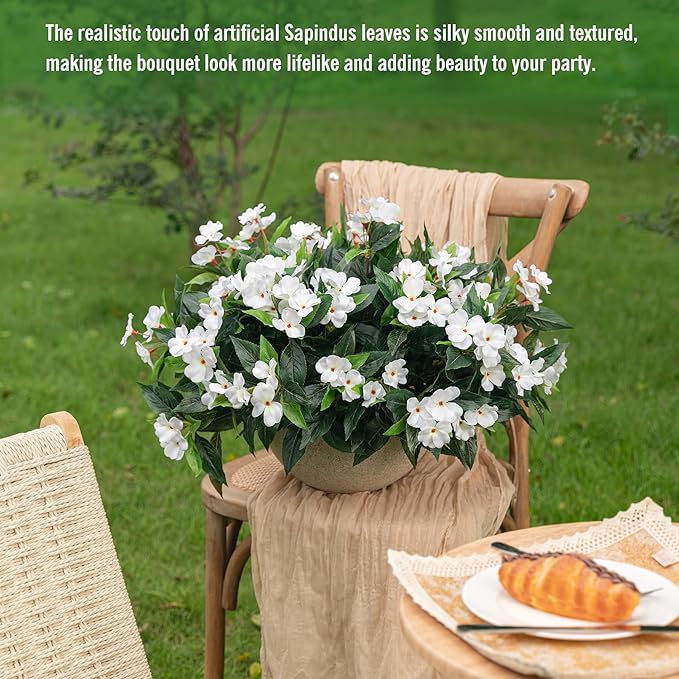 Uqueeten15.7” Spring Decorations For Home Fake Plants Fake Flowers White Flowers Artificial Impatiens Bouquet Flowers For Outdoors Silk Faux Flowers Impatiens Plants Decor Indoor Planters (White) 8pcs