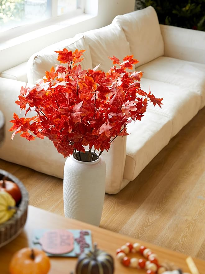 MISSPIN Thanksgiving Decorations 6 PCS Fall Decor Artificial Silk Maple Leaves Branches Set 35.43 Inch Fall Stems Faux Maple Leaves for Wedding Bouquet Table Centerpieces