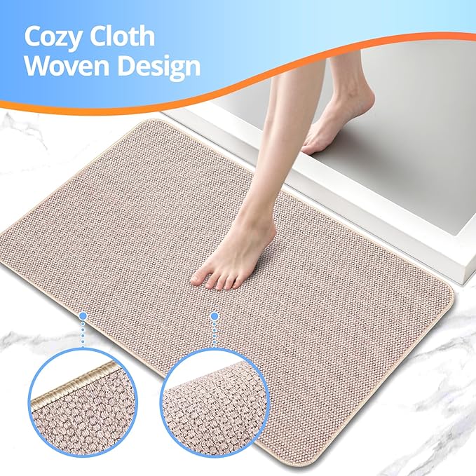 Upgraded Thin Bathroom Rugs, Bath Mat Super Absorbent, Bath Rugs Rubber Backing Non-Slip, Quick Dry Machine Washable, Cozy Cloth Bathroom Mat fit Under Door/Sink/ Bathtub/Shower/Kids 20''x24''-Biege