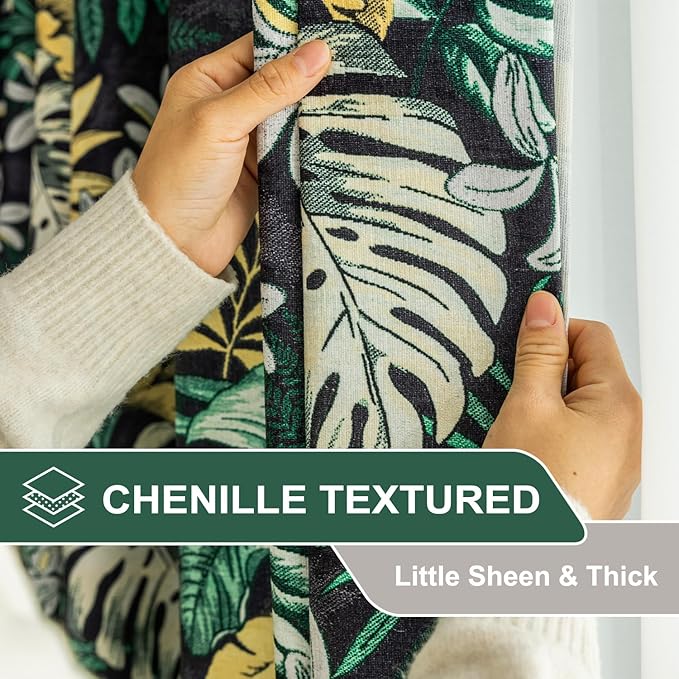 Leeva Chenille Room Darkening Curtains 52 x 84, 2 Panels Grommet Black & Green Tropical Leaves Floral Print Drapery for Bedroom, Living Room