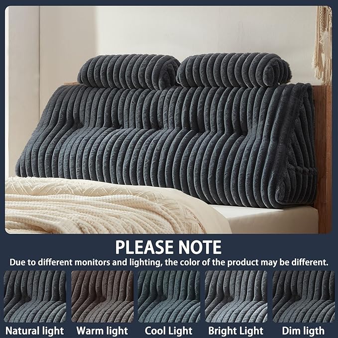 Faux Fur Headboard Pillow with 2 Pack Neck Roll Pillow Large Headboard Pillow Soft and Supportive with Removable Cover (Grey, King)