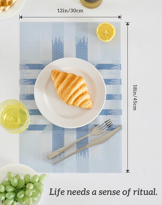 Leetaltree Geometric Print Blue Placemats Set of 12 - Heat Resistant Non-Slip Place mats for Dining Table, Washable Durable PVC Vinyl Woven Table Mats (Geometric Blue, 12)