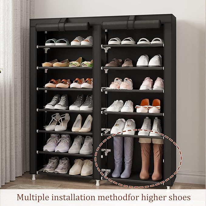 MOYIPIN Shoe Rack Storage Organizer, Double Row Portable Nonwoven Fabric Cover Shoe Rack Holds up to 28 Pairs 36.2 x 11.2 x49.2 Inches Black