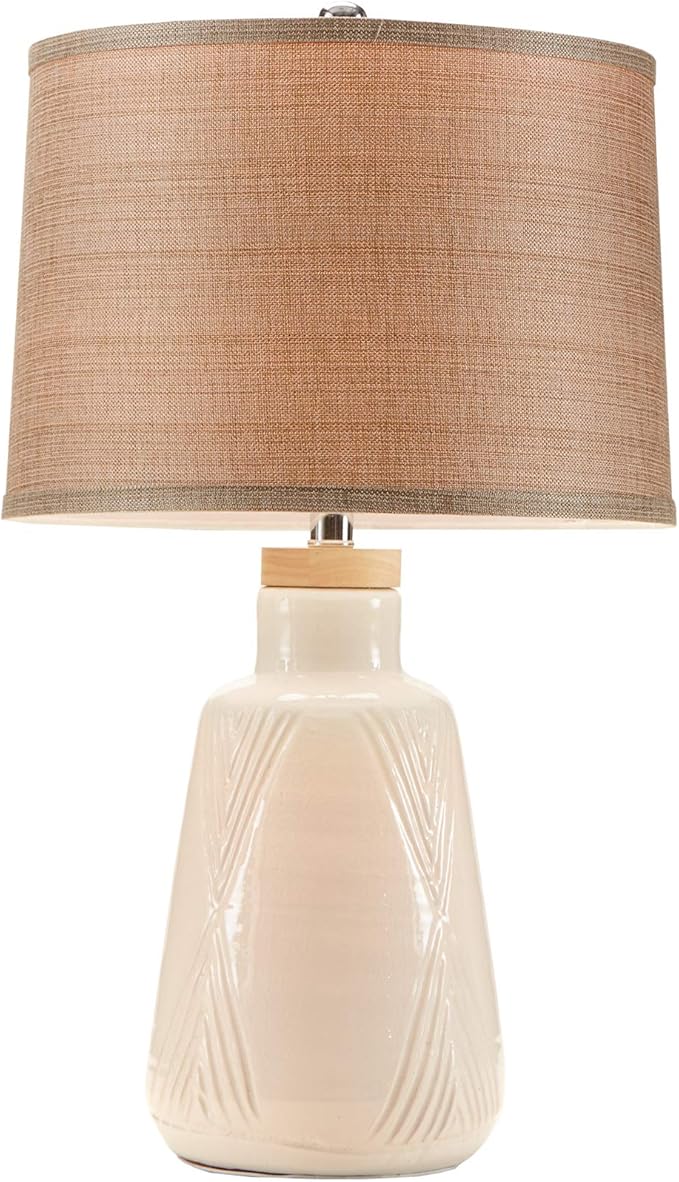 Hampton Hill Tate Ivory White Unique Modern Table Lamp, Contemporary Round Ceramic Wood Desk Light, 15" Dia x 24.5" H, Ivory