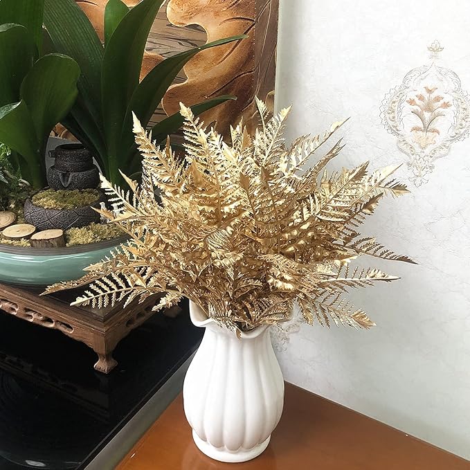 Artificial Plants Golden Boston Grass, For Christmas Decoration Fake Plant Leaf Bush Grass Fern Bushes Faux Shrubs Greenery Indoor Outside Planter Filler Festival Home Garden Decor - Gold 2 Pack