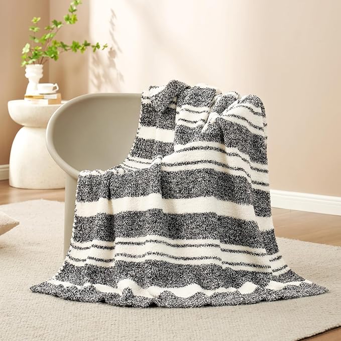 Snuggle Sac Black White Stripe Twin Size Reversible Super Soft Bedding Blanket, 60x80 inches