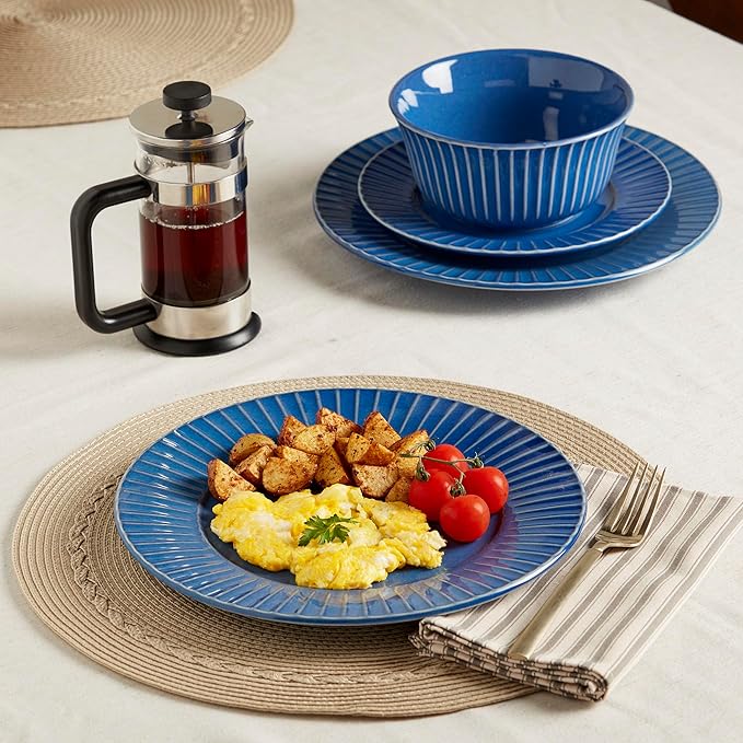 Tabletops Gallery Richmond 12-Piece Reactive Glaze Stoneware Dinnerware Set of Kitchen Dishes, Dinner Plates, Cereal Bowls, Service for 4, Blue