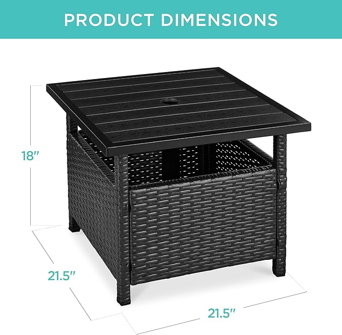 Best Choice Products Wicker Side Table with Umbrella Hole, Square PE Rattan Outdoor End Table for Patio, Garden, Poolside, Deck w/UV-Resistant Frame, Storage Space - Black