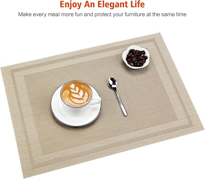 Placemats Set of 12,Washable,Heat and Stain Resistant Indoor/Outdoor Place mats, Vinyl Woven Non Slip Table Mats for Restaurant Table Protection, PVC Table Placemats(Beige, 12PCS)