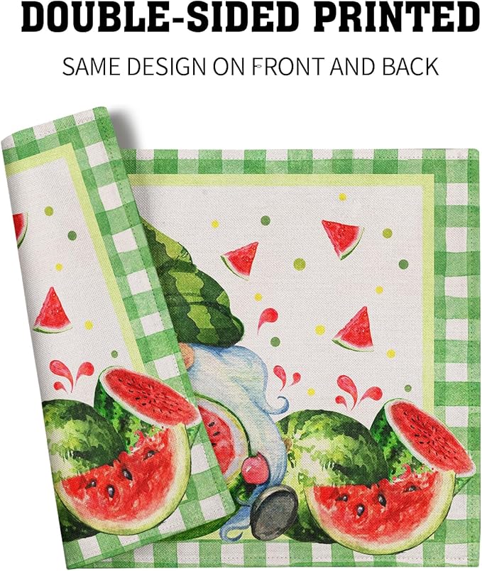 Watercolor Watermelon Gnomes Placemats Set of 4,Green Buffalo Check Plaid Rectangular Linen Kitchen Mats Summer Seasonal Place Mat 12 x 18 Inch for Kitchen Dining Table Decor