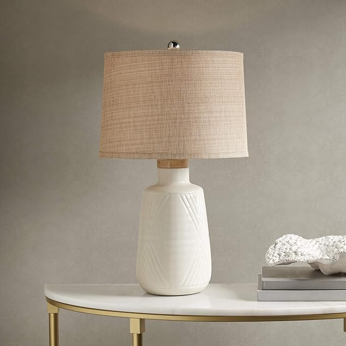 Hampton Hill Tate Ivory White Unique Modern Table Lamp, Contemporary Round Ceramic Wood Desk Light, 15" Dia x 24.5" H, Ivory