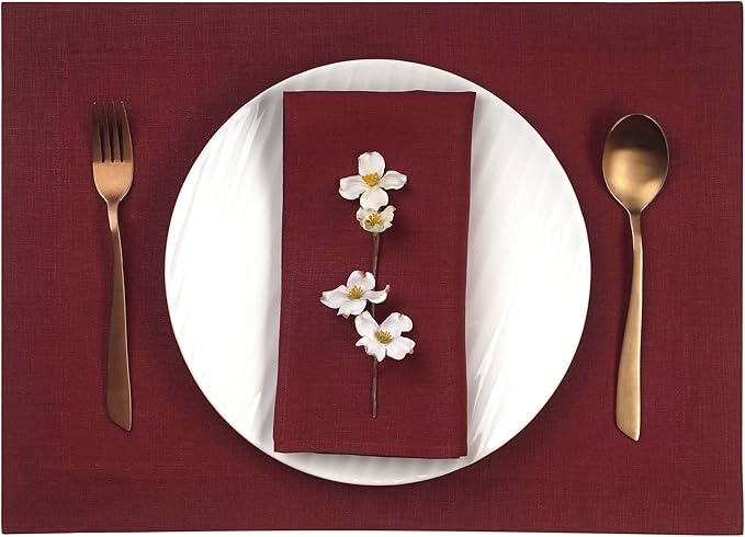 D'Moksha Homes Linen Placemats 14 x 19 Inch - Dark Red Placemats Set of 4-100% Pure Linen Table Place Mats for Summer - Handcrafted and Machine Washable