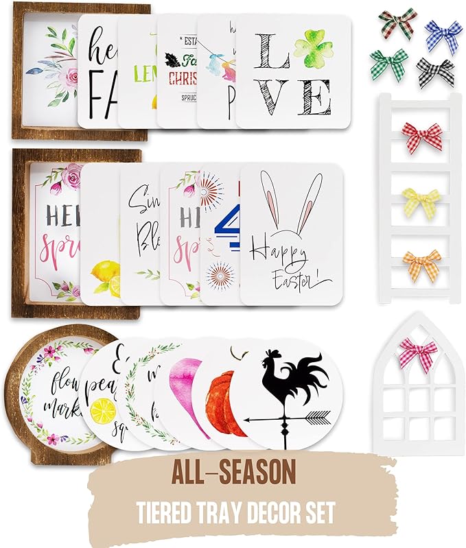 The Ultimate Farmhouse Tiered Tray Decor Set - Beautiful Year Round Seasonal & Holiday Decoration Bundle - The Perfect Lemon, 4th of July, Summer and Spring Centerpiece Design for Home & Kitchen Decor