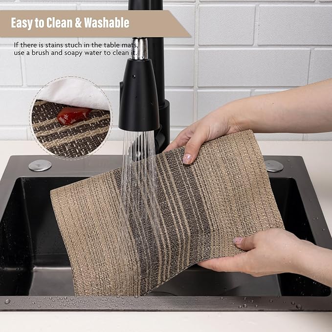 Winknowl Placemats, Set of 6 Heat Resistant Stain Resistant Woven Vinyl Insulation Place mats, Durable Washable Elegant Table Mats for Dining (Brown)