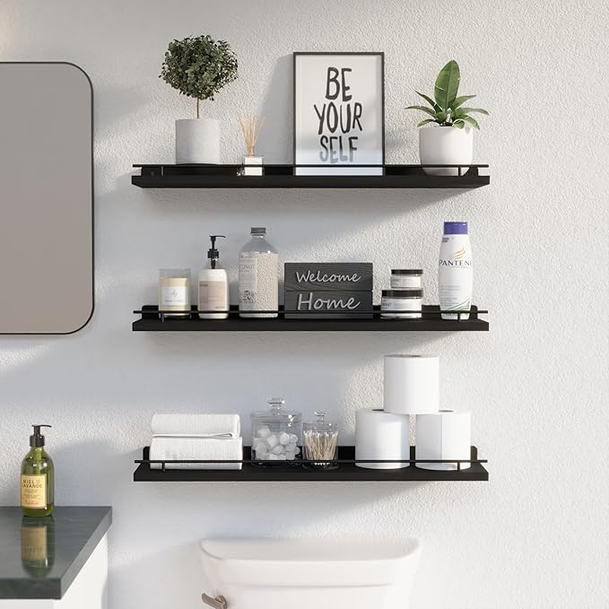WOPITUES Floating Shelves 24 inch with Gold Metal Guardrail, Shelves for Wall Decor Set of 3, Wall Shelves for Bedroom, Bathroom, Kitchen, Living Room, Plants, Picture Frames, Art- Black