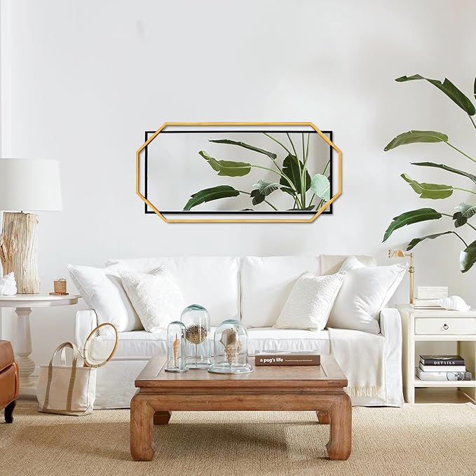 Black and Gold Large Mirror for Bedroom Wall, Extra Bathroom Rectangular Mirror with Decorative Metal Octagonal Frame, for Entryway,Living Room, Dining Room (60"x30.5")