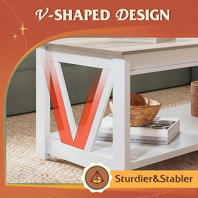 WLIVE Coffee Table, 43" Farmhouse Coffee Table with Storage Shelf & Sturdy V-Shaped Support, Wood Center Table for Living Room, Bedroom, Office and Balcony, White