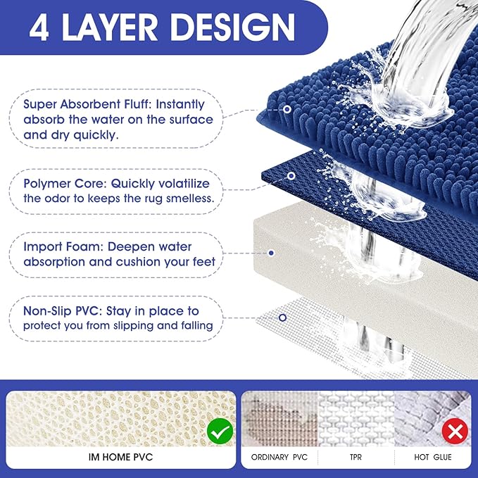 ACCUMTEK Striped Denim Blue Bathroom Rug Mat 70"x24" Ultra Soft, Non Slip Chenille Bath Rugs, Absorbent Plush Shaggy Bath Mats for Bathroom, Bedroom, Kitchen, Shower, Tub