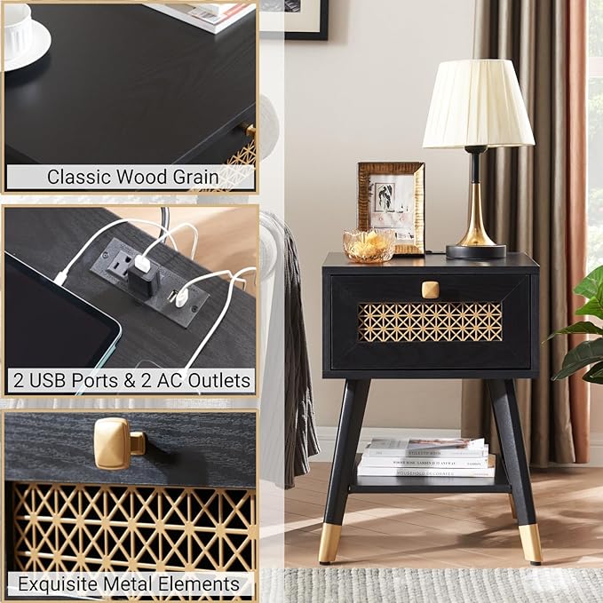 Mid Century Modern End Table with Charging Station - Small Side Table Nightstand with USB Ports & Outlets, Storage Drawer & Open Shelf, Black Wood Furniture for Living Room, Bedroom, Office
