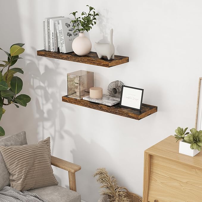 Fun Memories Floating Shelves 32" W x 9" D, Deep Floating Shelves for Wall, 9.3 Inch Deep Wall Shelves for Bathroom, Living Room, Wide Storage & Display Shelves for Home Decor, Rustic Brown Color