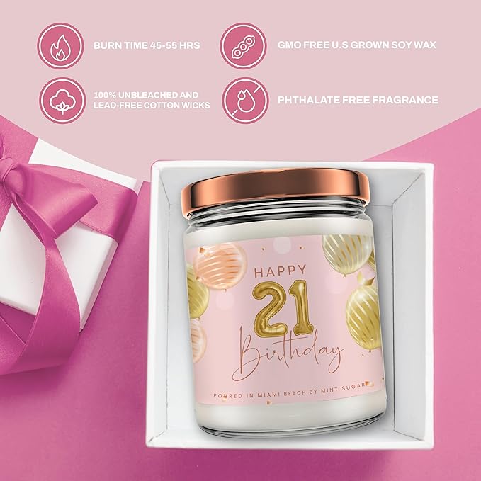 21st Birthday Candles - Happy 21st Birthday Gifts for Her - 21st Birthday Ideas - Made in USA 9 oz Scented Candle by Mint Sugar Candke Co - 21st Birthday Gift