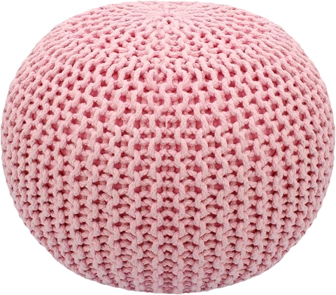COTTON CRAFT Round Pouf - Hand Knitted Cotton Braid Cord Cable Dori Ottoman - Foot Stool - Floor Pouf Footrest Accent Seat Furniture Bean Bag - Living Room Kids Room Nursery Dorm Décor - 20x14 - Pink