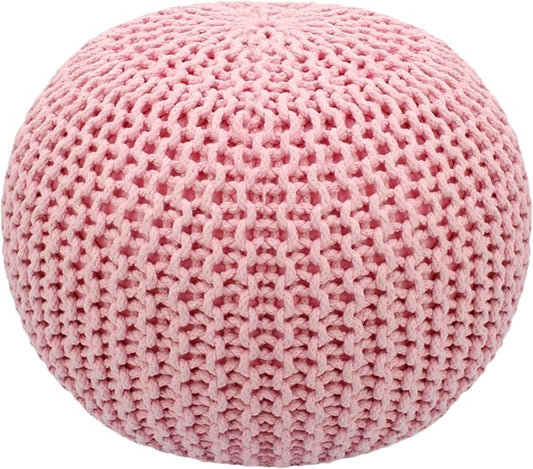 COTTON CRAFT Round Pouf - Hand Knitted Cotton Braid Cord Cable Dori Ottoman - Foot Stool - Floor Pouf Footrest Accent Seat Furniture Bean Bag - Living Room Kids Room Nursery Dorm Décor - 20x14 - Pink