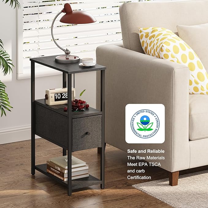 TUTOTAK Set of 2 Small Narrow End Table, Side Table, Nightstand with Cloth Drawer, Couch Table, for Living Room, Bedroom, Bedside, Black TB01BK057