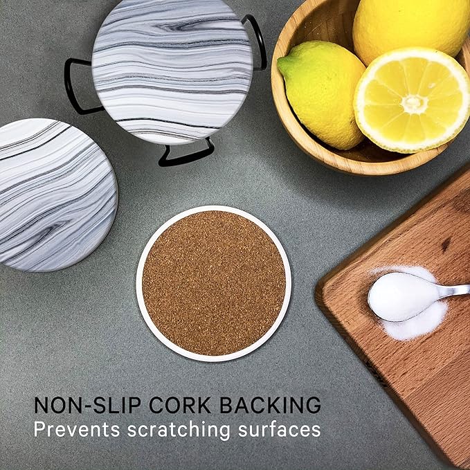 Emerson Coasters for Drinks Absorbent – Natural Stone Drink Coasters Set with Holder, Coasters for Coffee Table, Wooden Tabletop Protection Marble Style – 100% Heavy Duty Set of 6 (Sea)
