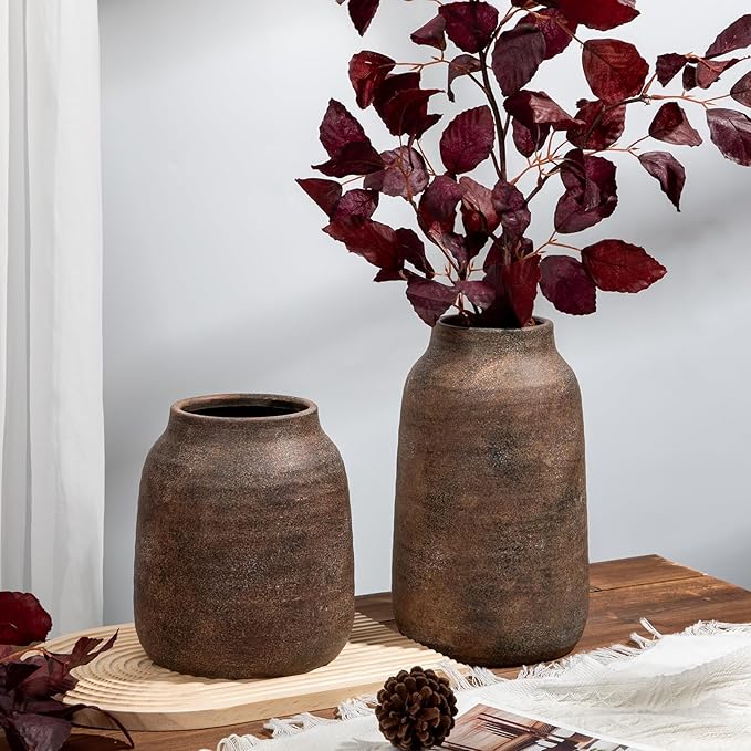 Briful 11in Rustic Ceramic Vase, Brown Vintage Flowers Vase, Extra-Large Rustic Farmhouse Vase, Whitewashed Terra Cotta Vase, Antique Pottery Pampas Vase for Home Living Room Kitchen Mantel Decor