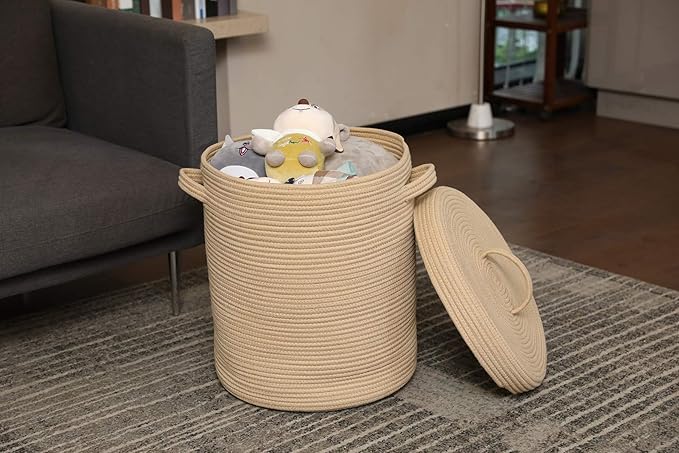 16" x 16" x 18" Extra Large Storage Basket with Lid, Cotton Rope Storage Baskets, Laundry Hamper, Cloth Bin, for Clothes Towels Blankets Pillows Storage in Living Room, Full Beige with Cover