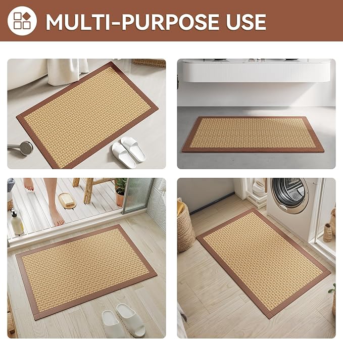 Non Slip Bath Mat Bathroom Rugs, Soft Jute-Like Ultra Thin Bath Mats, Rubber Backing Super Absorbent Quick Dry Bath Rug Shower Mat Fit Under Door Bathroom Floor, Machine Washable, Brown 24"x36"