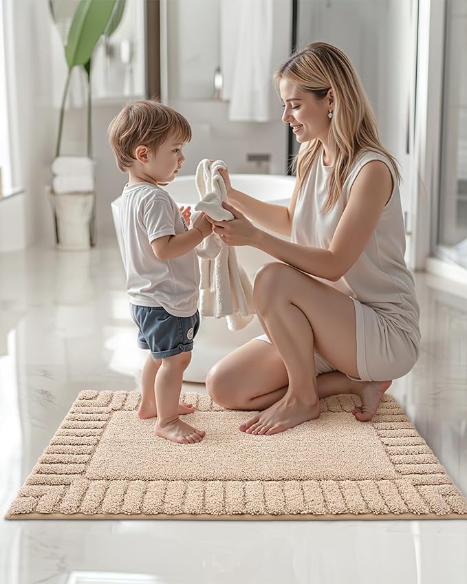 Color&Geometry Small Bath Rugs Non Slip Washable, 16"x24" Absorbent Beige Bathroom Rugs, Soft Bath Mats for Bathroom Floor, Shower, Bathtub, Laundry