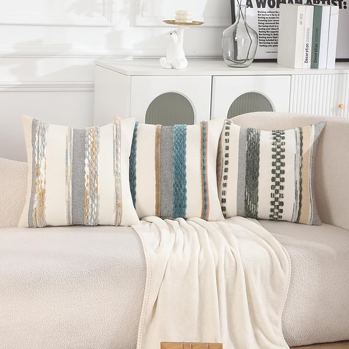 Tosleo Boho Throw Pillow Covers 18x18 Set of 2 Striped Decorative Pillow Cases Accent Chenille Pillowcases Farmhouse Cushion Case Bohemian Nuetral Textured Pillow Cover,Orange and Gray