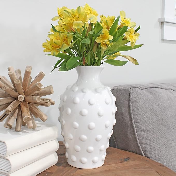 AuldHome Vintage White Hobnail Ceramic Vase, 11 inches tall, 5.4 inch diameter