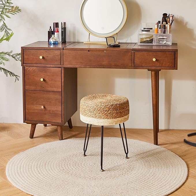 YMYNY Pouf Ottoman, Handmade Natural Water Hyacinth, Pastoral Style Footrest, Footstool with 4 Metal Legs Round Vanity Stool for Bedroom, Hallway, Living Room 12.59"L×12.59"W×17.71"H White UHBD029W