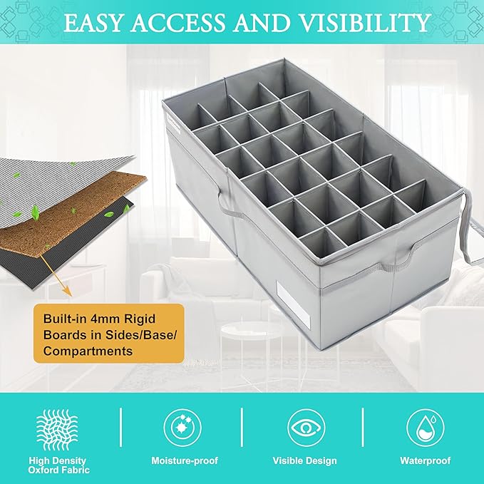 Shoe Organizer for Closet, Fits 24 Pairs, Large Shoe Box Storage Containers, Clear Foldable Shoe Storage Bins w/Bottom Support, Space Saving Closet Shoes Holder w/Reinforced Handles, Gray