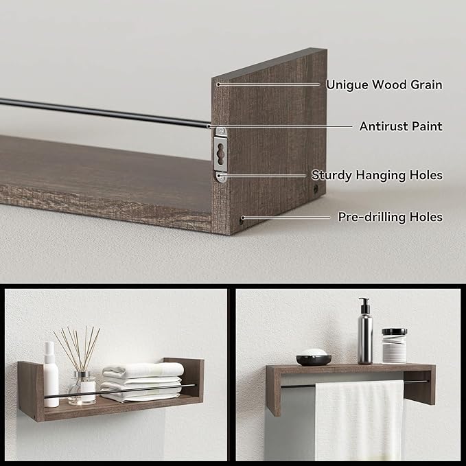 RICHER HOUSE Floating Shelves, Wall Shelves Above Toilet Wall Storage, Wall Mounted Bathroom Shelves with Towel Bar, Shelves for Bedroom, Kitchen, Vanity Shelves Room Decor Wall Cabinet - Brown
