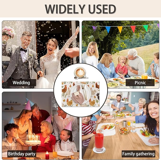 Cute Roosters Chickens Hen Placemats Set of 6, Waterproof Non-Slip Washable Table Mats Set for Kitchen Dining Holiday Party Wedding Decor 12x18 Inch