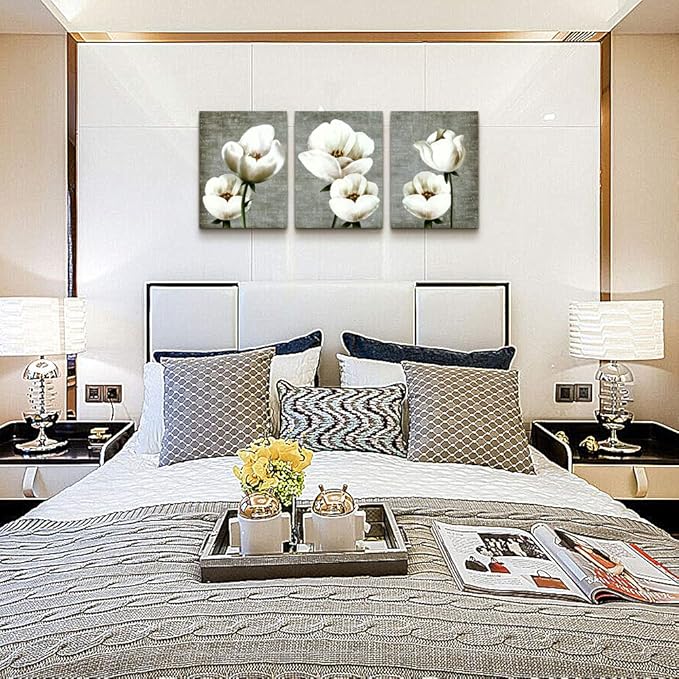 Living Room Wall Decor Canvas Wall Art For Bedroom Bathroom Wall Painting Artwork Gray Green Vintage Style White Flowers Abstract Pictures Wall Decorations For Kitchen 3 Panels Modern Family Decor