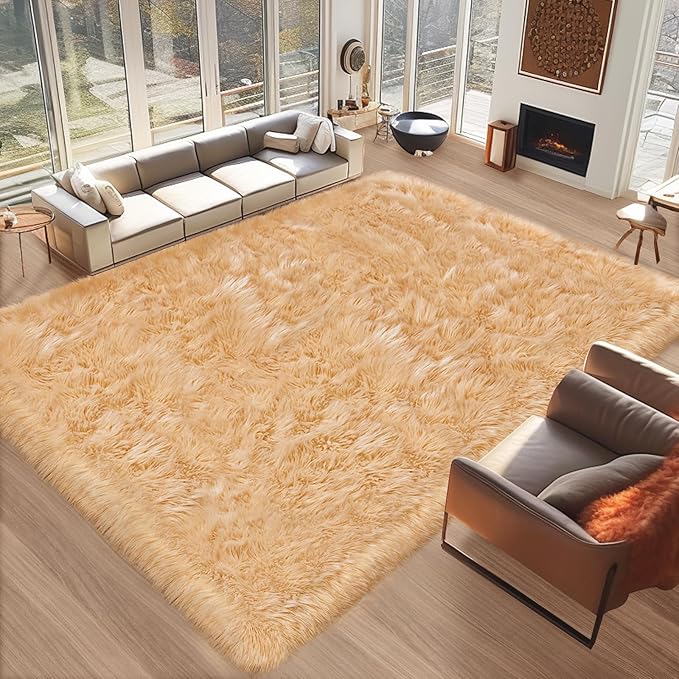 Ciicool Fluffy Faux Fur Area Rug 8 x 10 Feet, Beige Faux Sheepskin Rug Area Rug Large Shag Rug, Thick Shaggy Fuzzy Rugs Floor Carpets for Living Room, Bedroom, Dorm, Luxury Room Decor, Rectangle