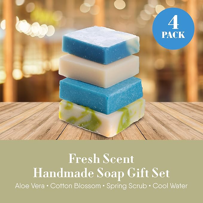 360Feel Fresh Handmade Soap Gift Set - Nourishing and Hydrating Set of Bar Soap - Infused with Four Refreshing Scents Aloe Vera, Cotton Blossom, Spring Scrub, and Cool Water - Set of 4