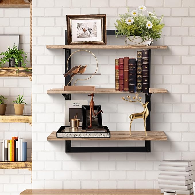 24-Inch Floating Shelves for Wall,3-Tier Wooden Wall Mounted Kitchen Shelves with Foldable Brackets,Hanging Wall Shelves for Living Room, Coffee Bar,Bedroom, Bathroom,Rustic Brown